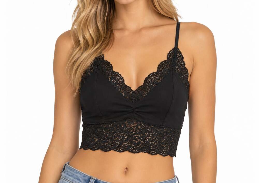 Bozzolo Black Lace Trim V-Neck Bralette Crop Top with Adjustable Straps